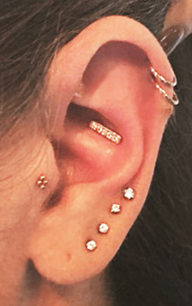 Cute Simple Multiple Ear Piercing Ideas at MyBodiArt.com - Gold Cartilage Helix Hoop Ring Rook Barbell Tragus Stud 