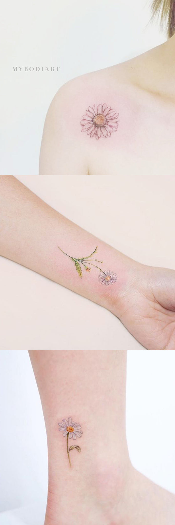 Small Cute Delicate Daisy Shoulder Wrist Ankle Tattoo Ideas for Women - Tiny Floral Flower Tattoos -  pequeñas ideas lindas del tatuaje de la margarita para las mujeres - www.MyBodiArt.com