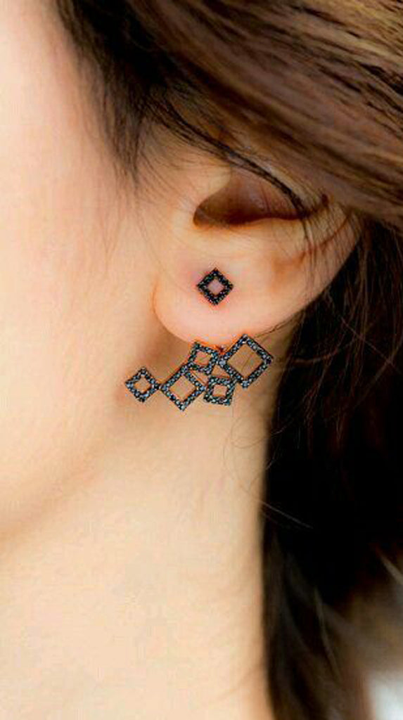 Geometric Black Squares Ear Jacket Earring Piercing Jewelry - MyBodiArt.com