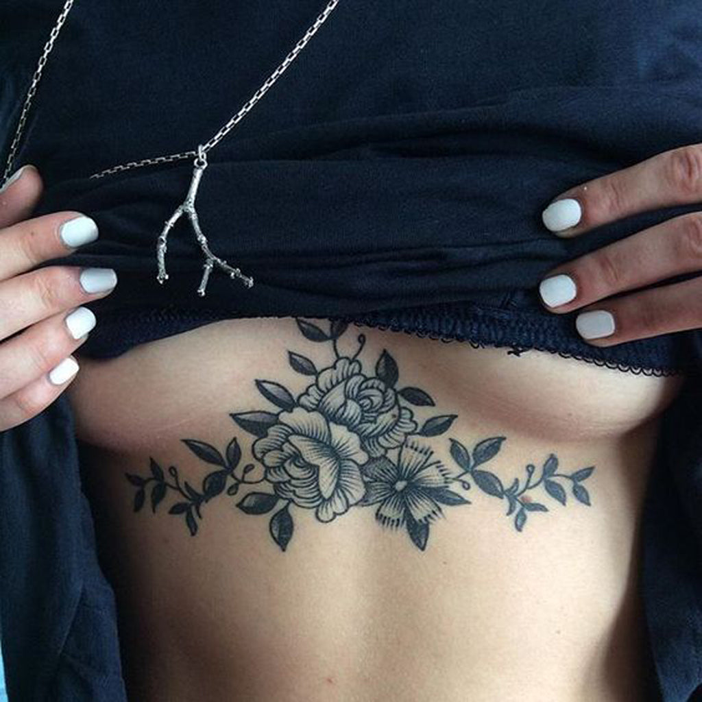 Underboob Black Fleur Rose Tattoo - MyBodiArt.com