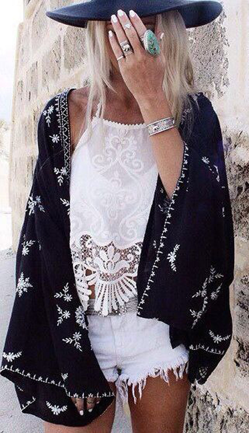 Womens Modern Boho Bohemian Outfit Ideas - Silver Turquoise Statements Rings - Black Floral Lace Poncho - Fedora - MyBodiArt.com