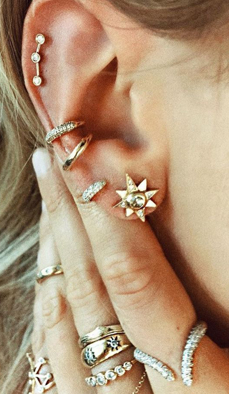 Elegant Gold Ear Piercing Ideas for Women at MyBodiArt.com -  Gold Conch Pinna Crystal Hoop Ring Earring Triple Constellation Star Cartilage Helix Auricle Jewelry 