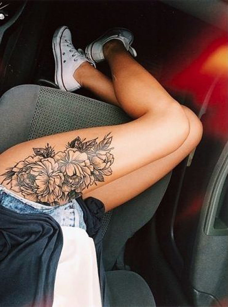 Black Thigh Rose Fleur Floral Vintage Traditional Leg Tattoo - MyBodiArt.com