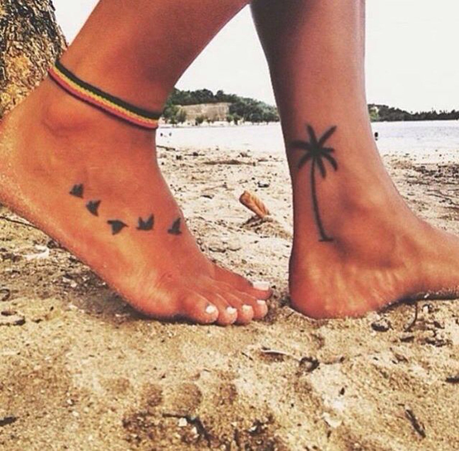 Flying Sparrow Foot Tattoo Ideas - Palm Tree Ankle Tanklet Tat - MyBodiArt.com - Beach, Summer