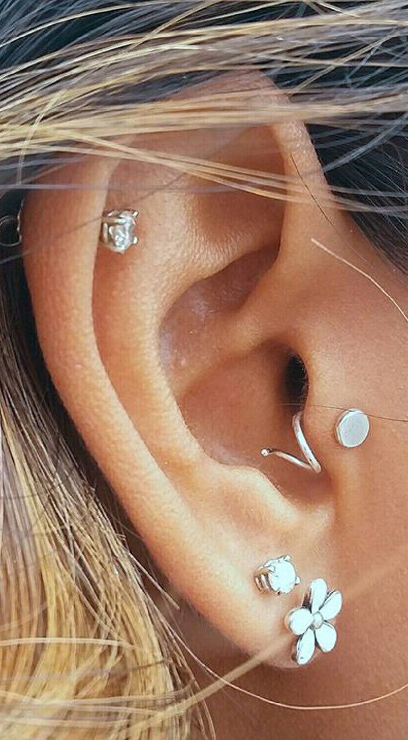 Multiple Ear Piercing Ideas at MyBodiArt.com - Tragus Spiral Swirl Hoop Earring - Crystal Cartilage Piercing Stud