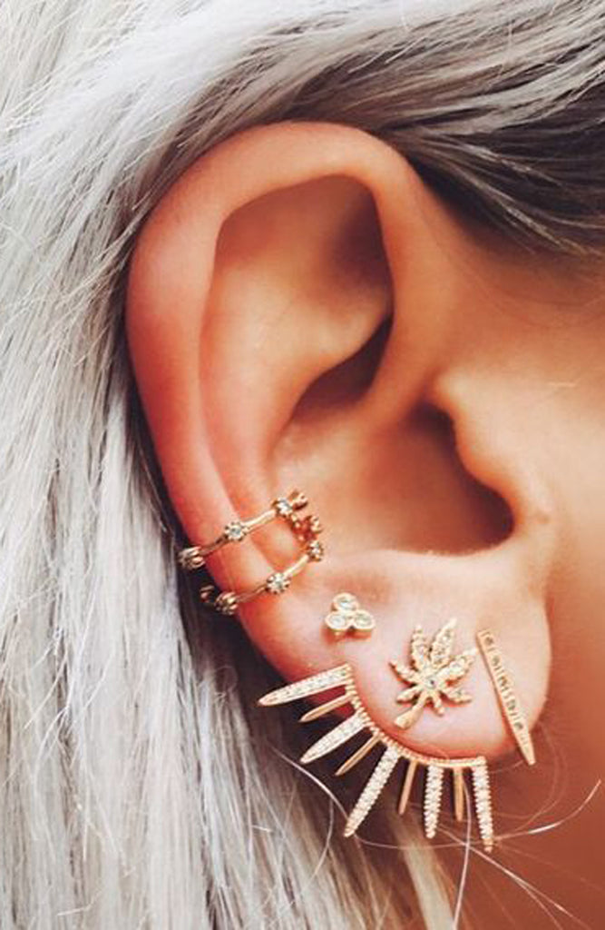 Multiple Ear Piercing Ideas for the Minimalist - Gold Spikes Crystal Ear Jacket Earring - MyBodiArt.com