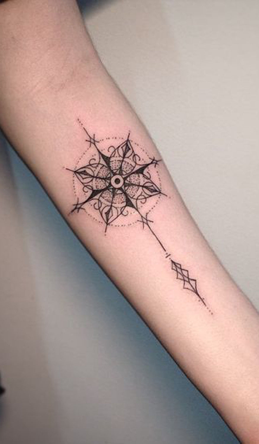 Geometric Compass Arrow Wrist Forearm Tattoo Ideas for Women at MyBodiArt.com