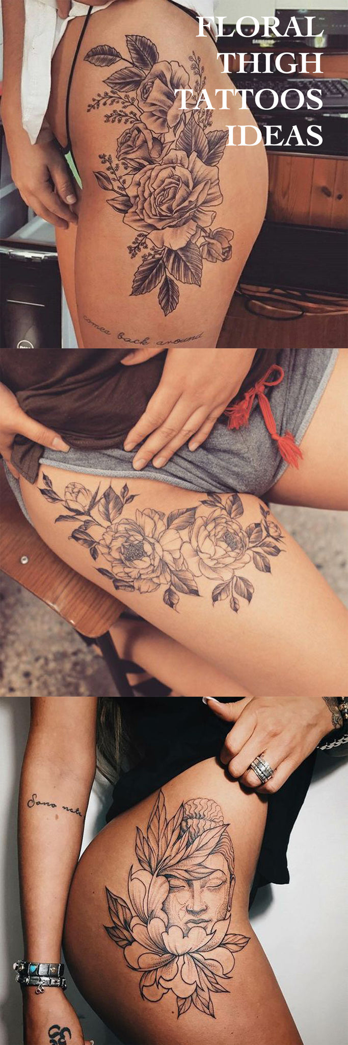 Floral Thigh Tattoo Ideas at MyBodiArt.com - Flower Buddha Black and White Tat