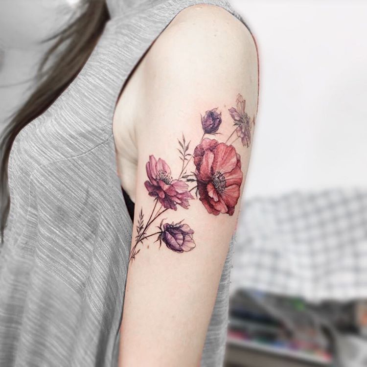 Watercolor Fleur Flower Arm Tattoo - MyBodiArt.com