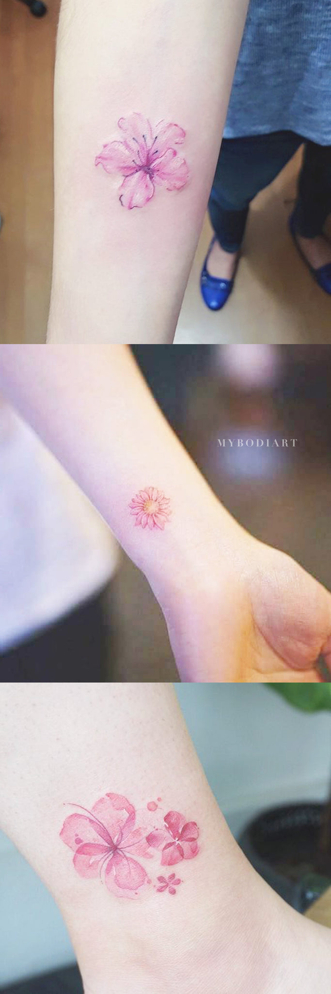 Delicate Cute Pretty Watercolor Pink Cherry Blossom Forearm Arm Tattoo Ideas for Women -  pequeñas ideas rosadas del tatuaje del brazo de la flor floral para las mujeres - www.MyBodiArt.com 