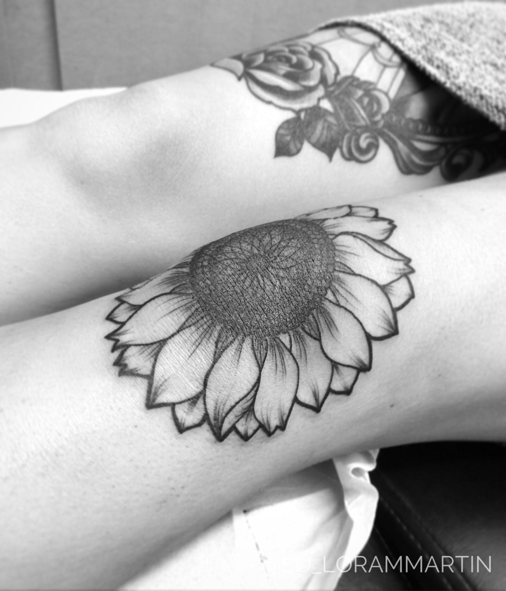 Realistic Vintage Sunflower Tattoo Ideas for Women On Knee Leg Thigh at MyBodiArt.com 