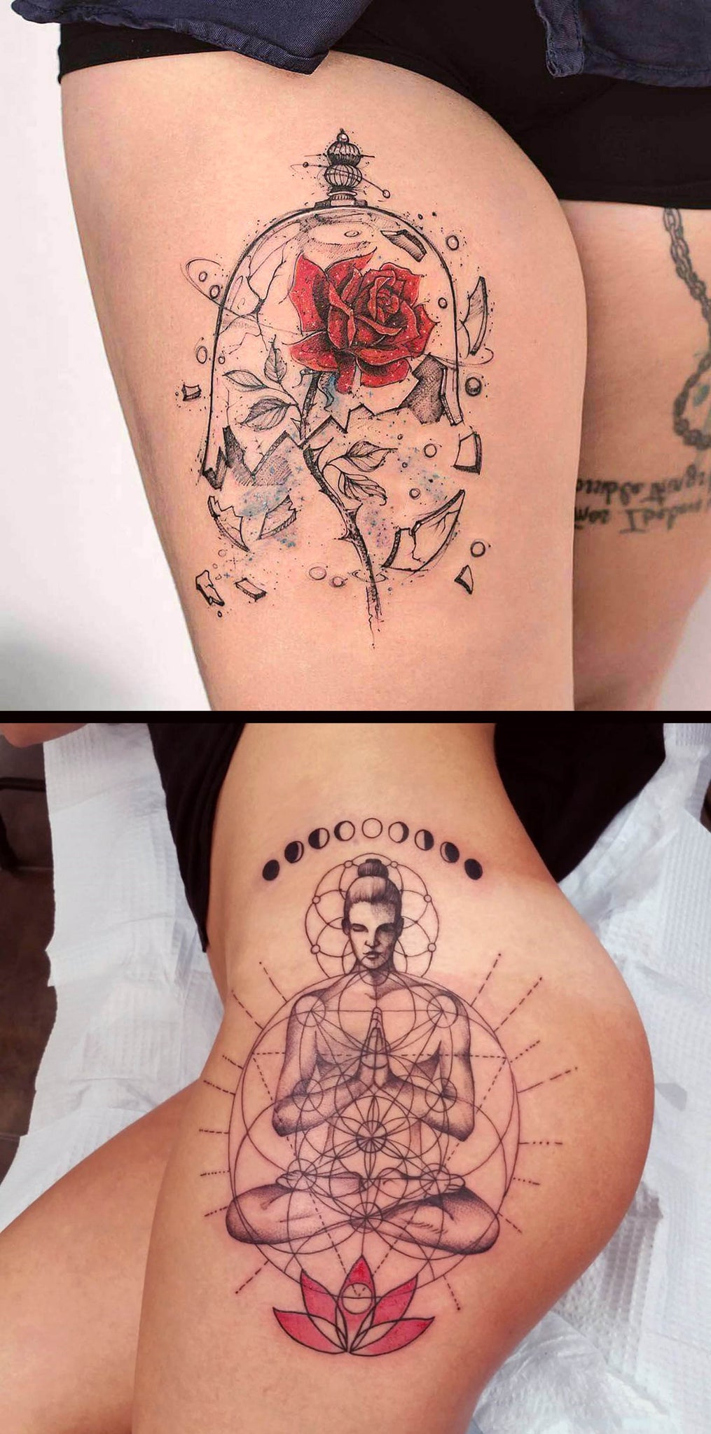 Creative Geometric Tribal Buddha Tattoo Ideas for Women - Beauty and the Beast Lotus Rose Hip Tat - ideas creativas de tatuaje de cadera - www.MyBodiArt.com
