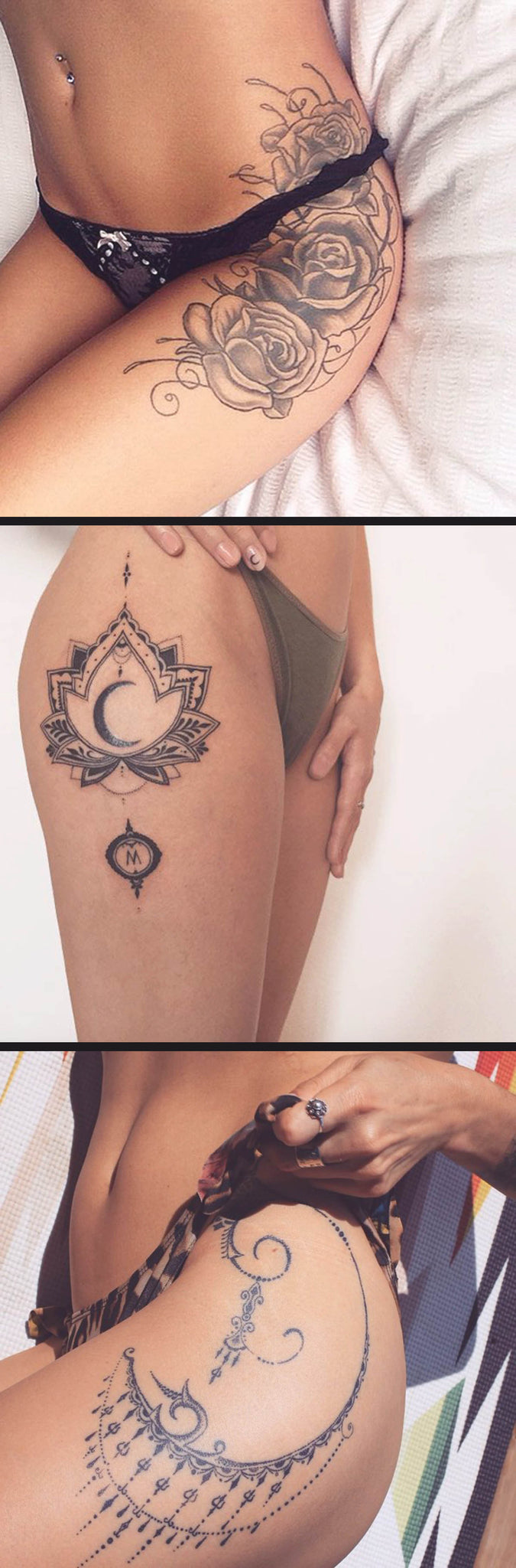 Tribal Black Thigh Tattoo Ideas for Women - Chandelier Moon Rose Lotus Hip Tat -  ideas tribales del tatuaje del muslo de la cadera - www.MyBodiArt.com