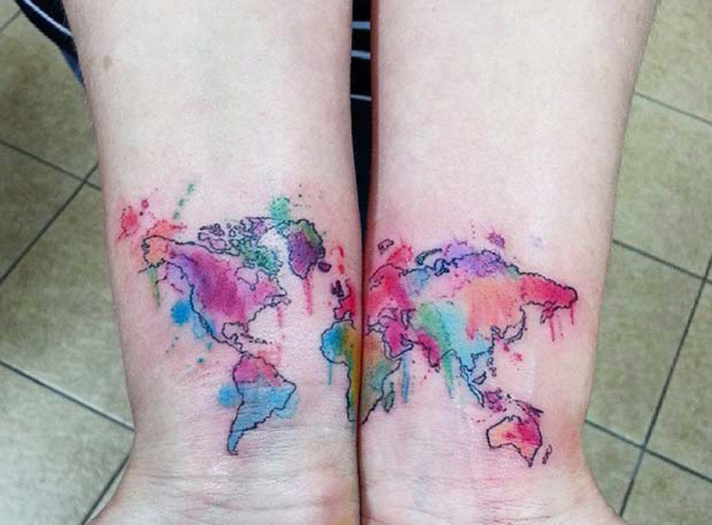 Watercolor World Map Wrist Tattoo - MyBodiArt.com