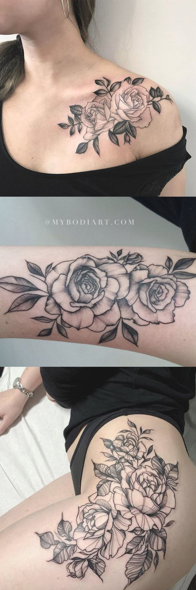 Traditional Trendy Rose Tattoo Ideas for Women - Floral Flower Outline Shoulder Thigh Arm Tattoos - www.MyBodiArt.com
