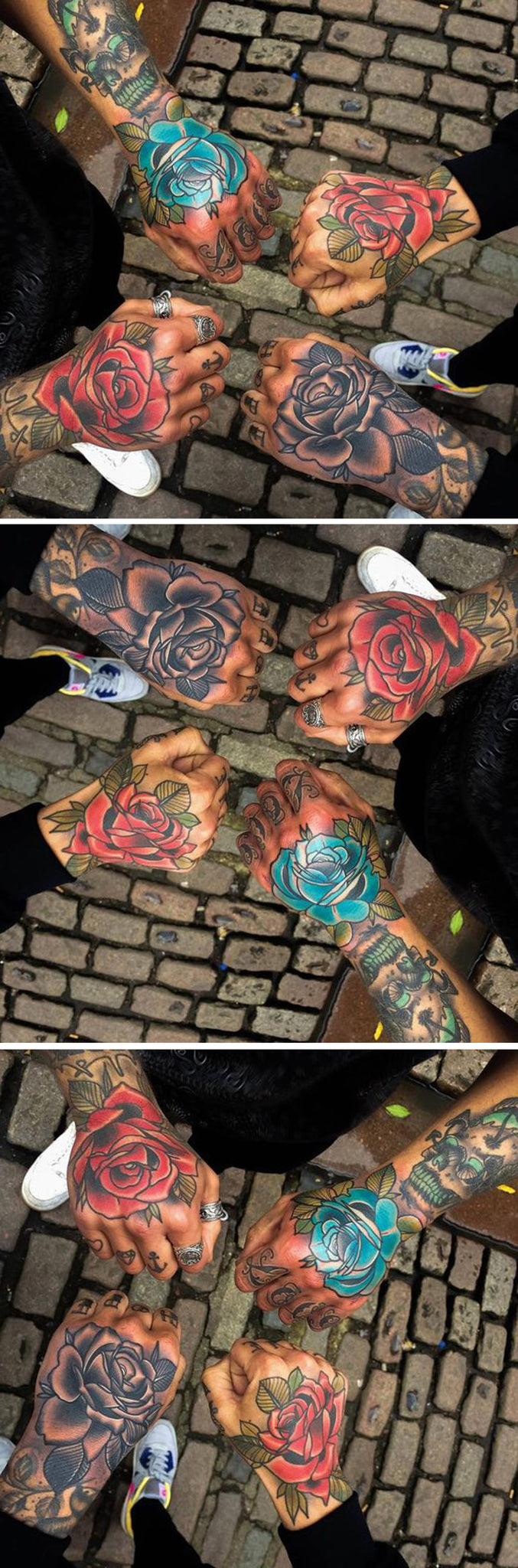 Matching Rose Hand Tattoo Ideas for Bestfriends, Sisters for 4, Friends - Floral Flower Watercolor Wrist Tatouage - Ideas Del Tatuaje - www.MyBodiArt.com