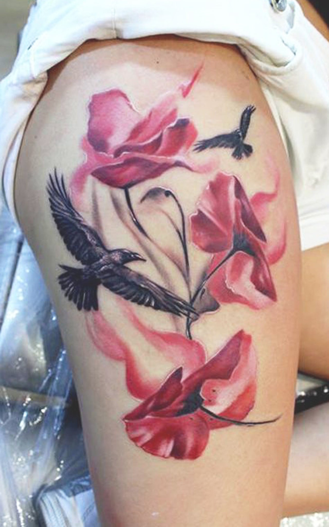 Trending Thigh Tattoos Ideas - Watercolor Floral Flower Sparrow Birds Tatt - MyBodiArt.com