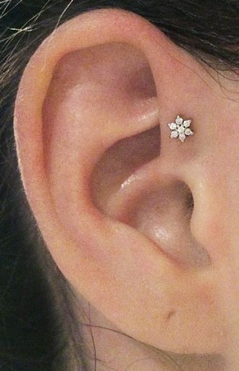 Simple Ear Piercing Ideas at MyBodiArt.com - Crystal CZ Flower Tragus Earring Stud Triple Forward Helix