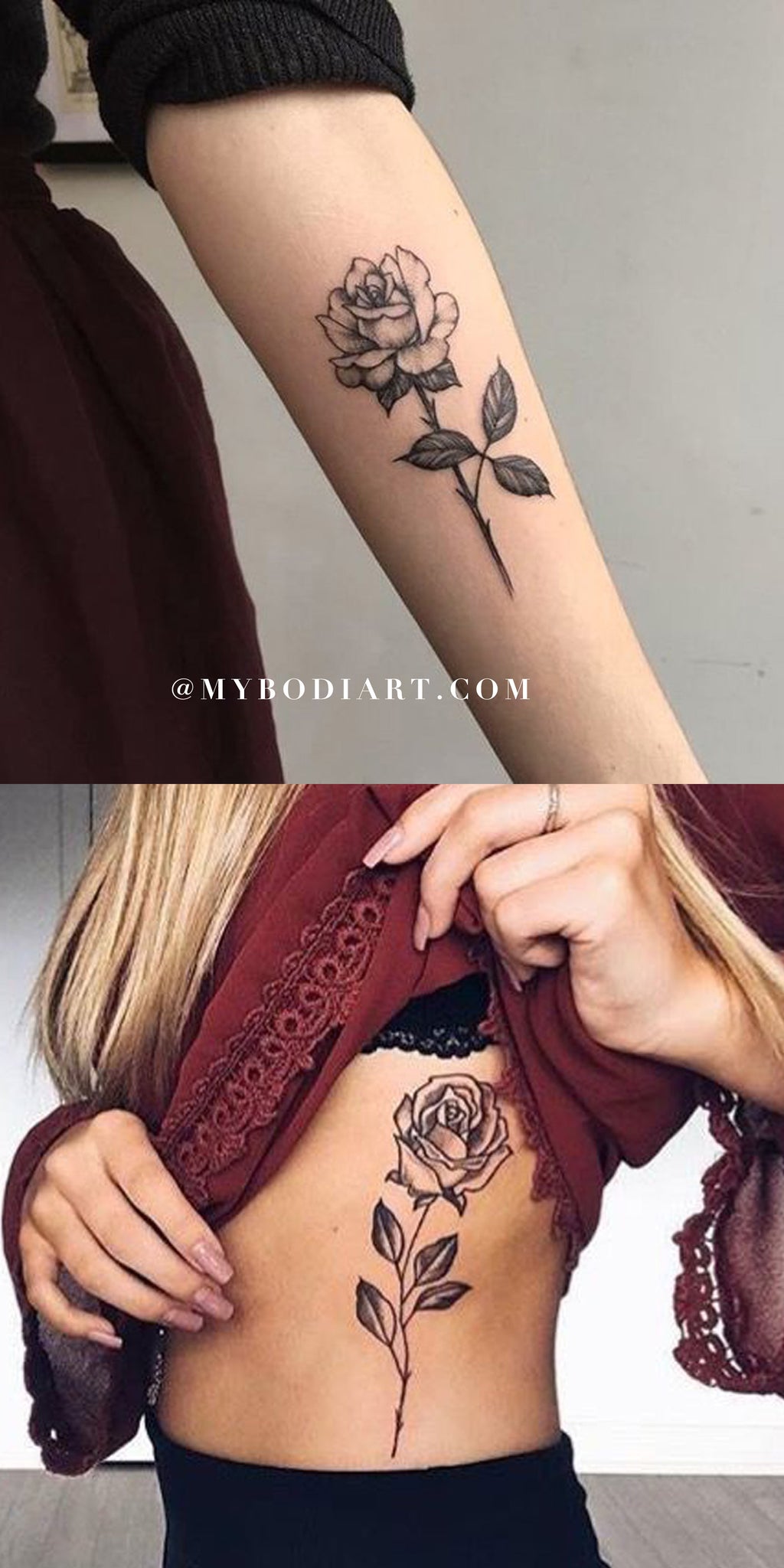 Vintage Black Single Rose Arm Rib Tattoo Ideas for Women -  ideas del tatuaje del brazo de la costilla color de rosa solo negro para las mujeres - www.MyBodiArt.com 