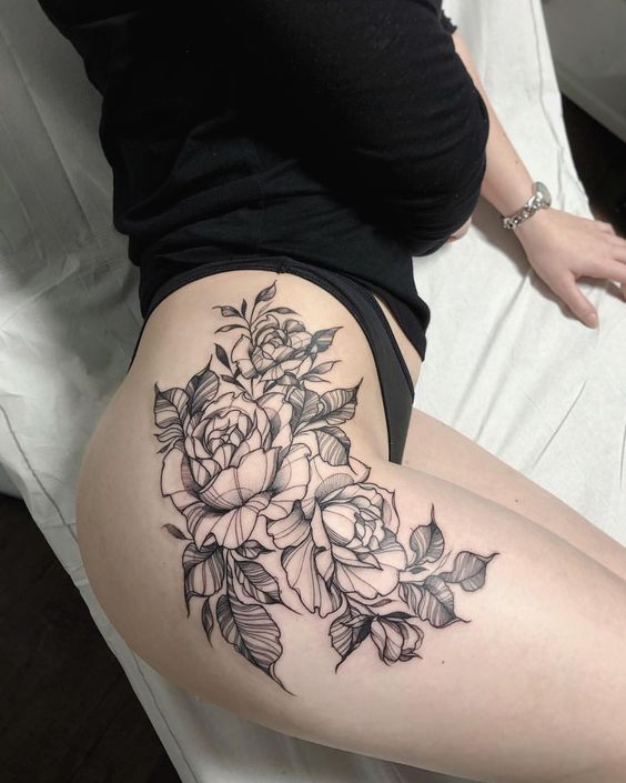 Traditional Rose Thigh Tattoo Ideas for Women Black Drawing Floral Flower Hip Tattoos -  rosa tatuaje del muslo ideas para mujeres - www.MyBodiArt.com 