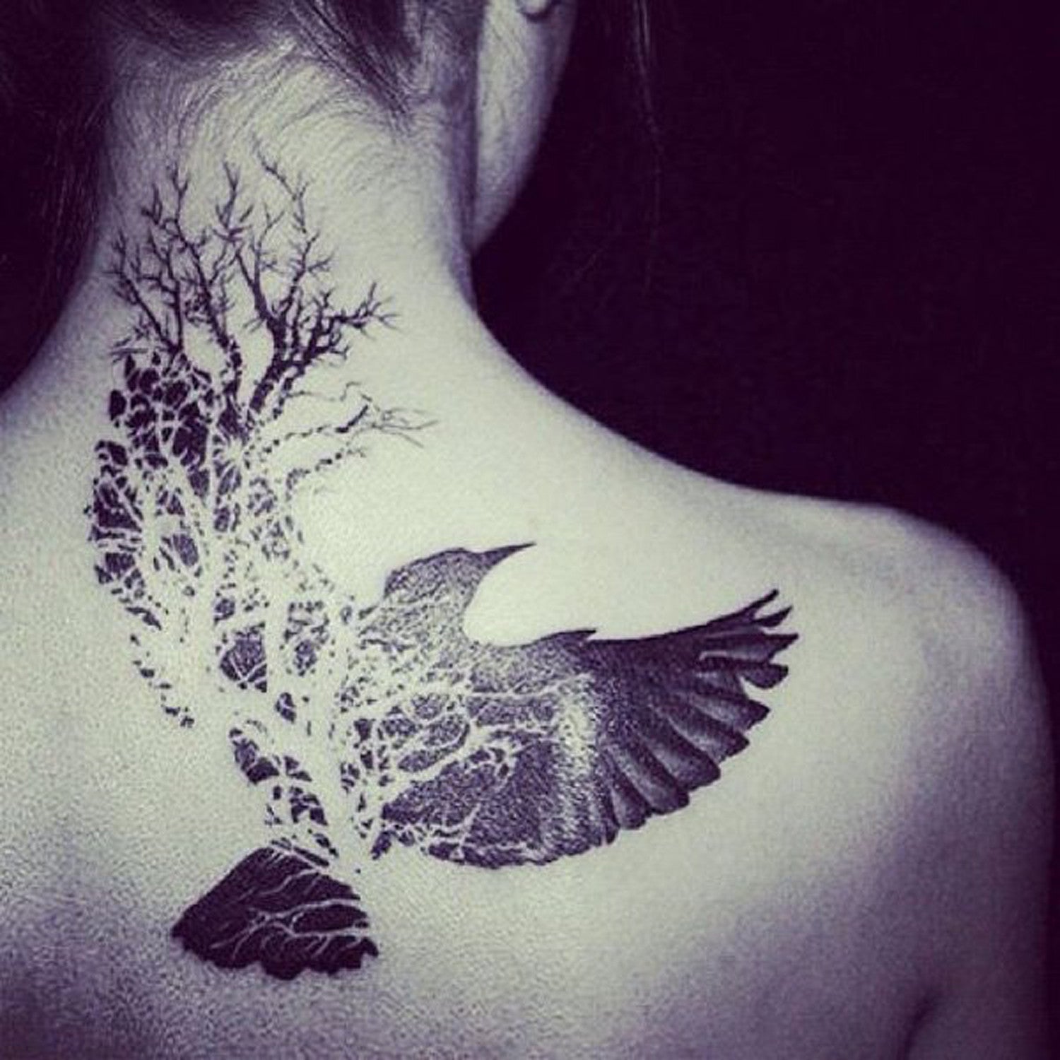 Sparrow Oak Tree Back Neck Womens Tattoo Ideas - Chick Tats  - MyBodiArt.com 