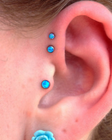 Opal Blue Tragus Earring Stud and Forward Helix Piercing at MyBodiArt