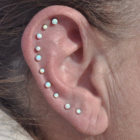 Multiple Ear Piercings Ideas at MyBodiArt - Opal Cartilage and Helix Piercing Jewelry