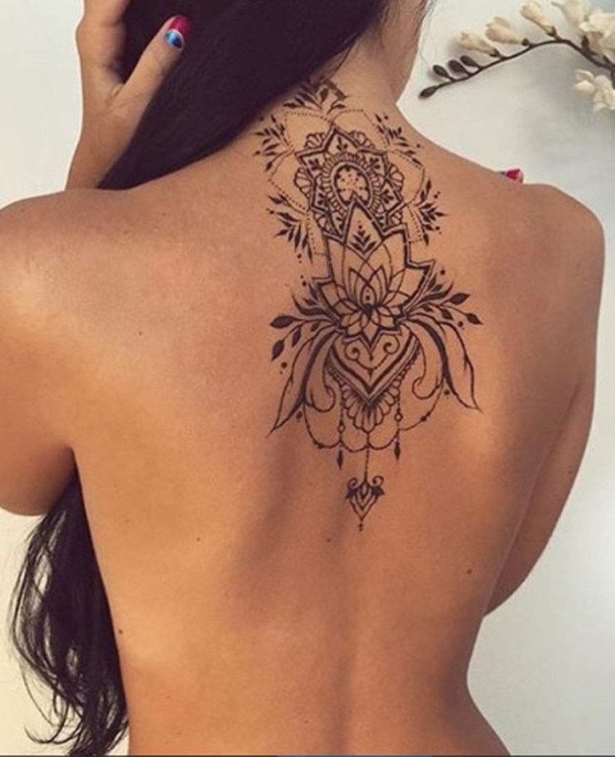 Lotus Mandala Womens Upper Back Tattoo Ideas at MyBodiArt.com