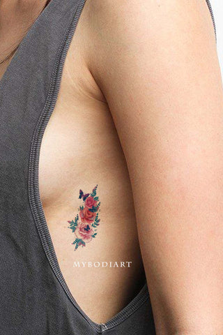 Pink Flower with Butterfly Rib Tattoo