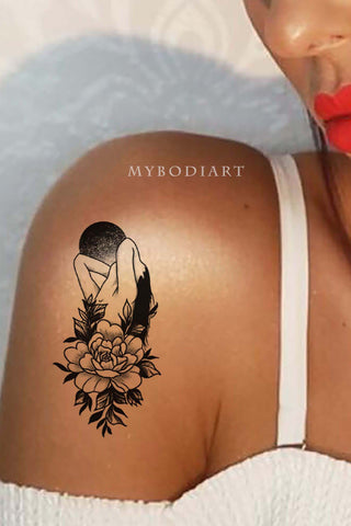 Powerful Black Rose with a Woman Shoulder Tattoo