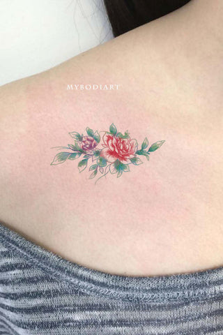 Simple Pink Flower Shoulder Tattoo