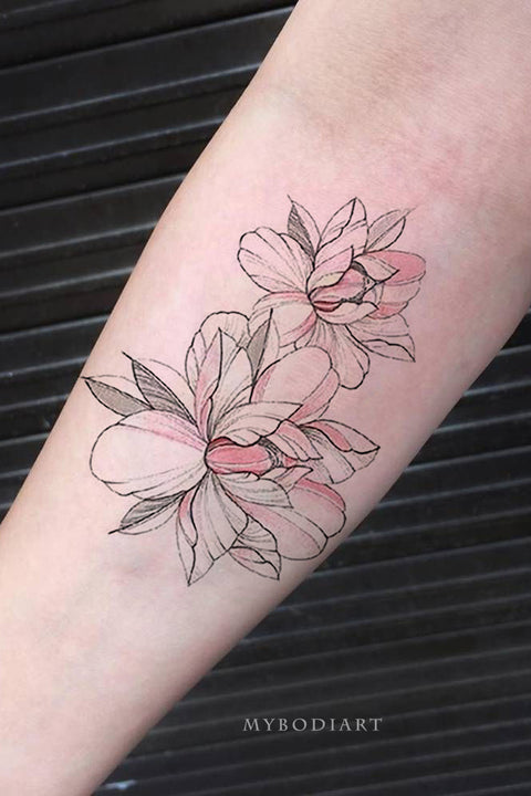 Fea Realistic Watercolor Pink Sketch Floral Flower Peony Temporary Tat ...