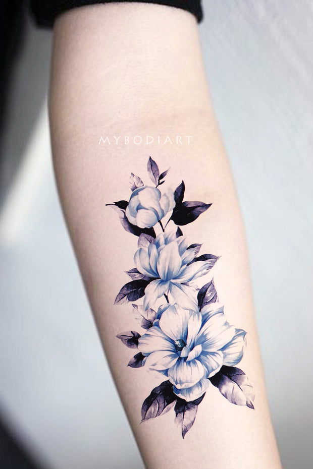 Gabriella Blue Watercolor Floral Flower Temporary Tattoo