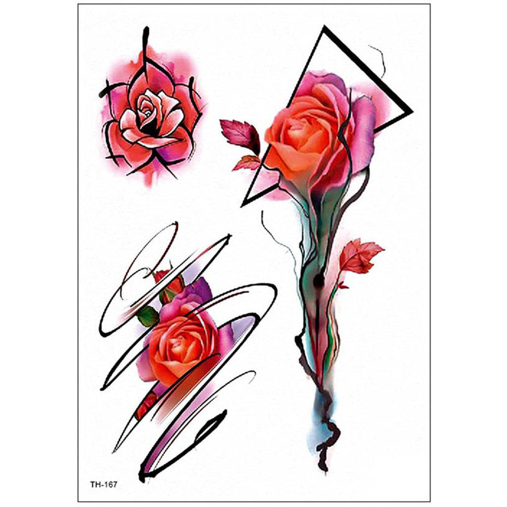 Dolores Red Watercolor Linework Neo Traditional Rose Temporary Tattoo ...