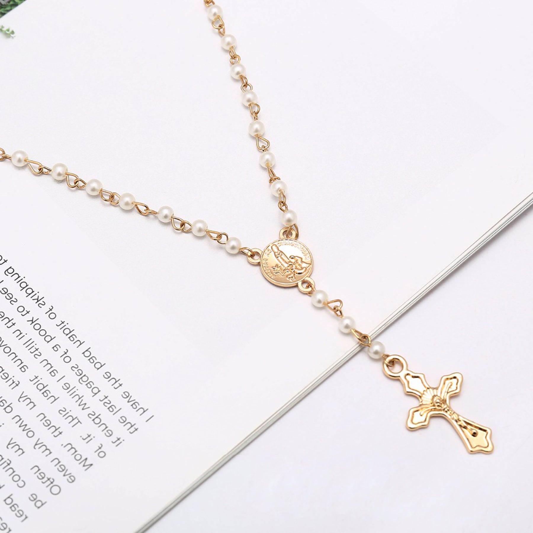 Atarah Beautiful Pearl Crystal Cross Pendant Rosary Lariat Necklace in ...