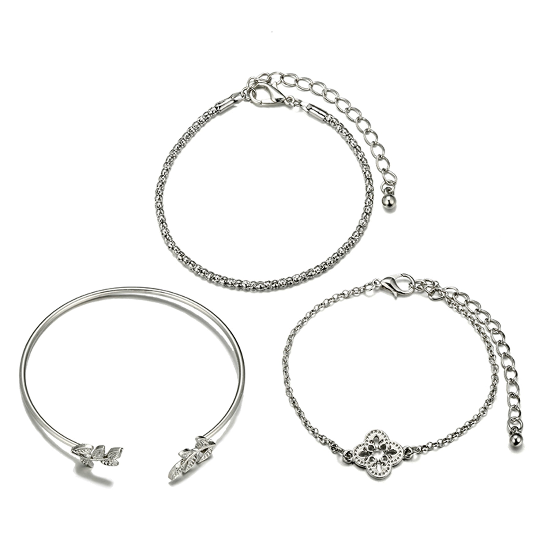 Tamela Simple Leaf Bangle Boho Silver Chain Bracelet Set 3 Pieces ...
