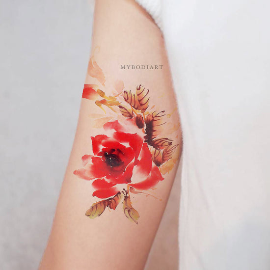 Black Ink Peony Flower Tattoo On Bicep