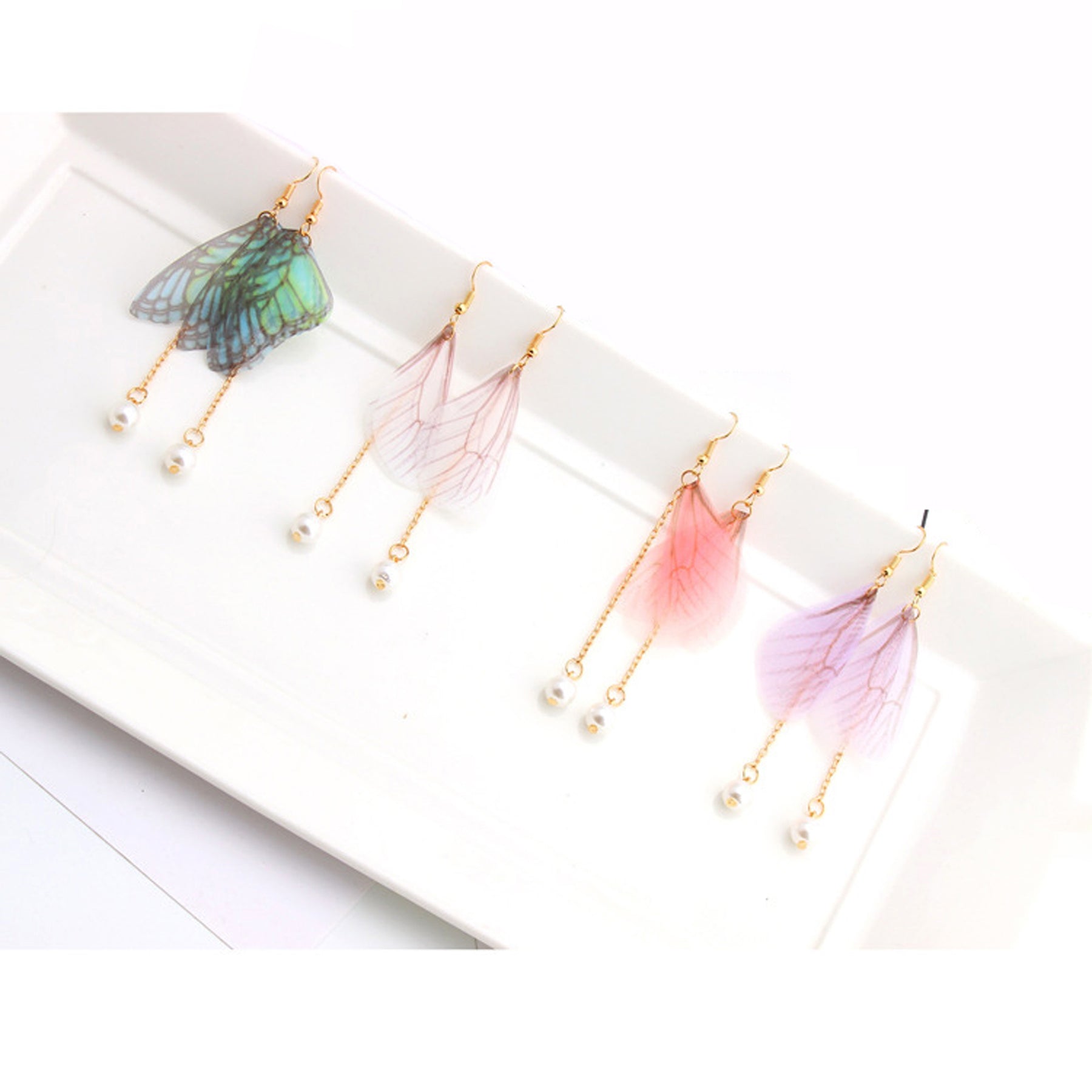 Aphrodite Fancy Butterfly Wings Pearl Chain Drop Long Dangle Earrings ...