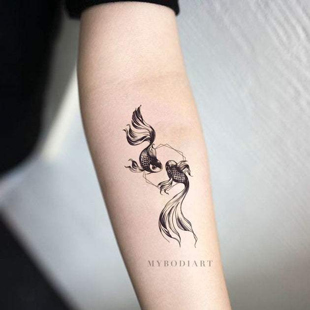 Nemo Small Unique Black Double Koi Fish Temporary Tattoo 