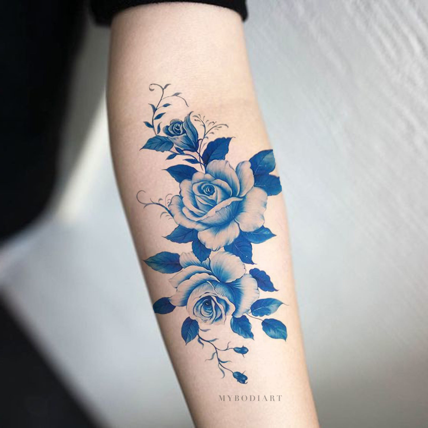 Blue Vintage Floral Temporary Tattoo - Arm Sleeve - MyBodiArt.com