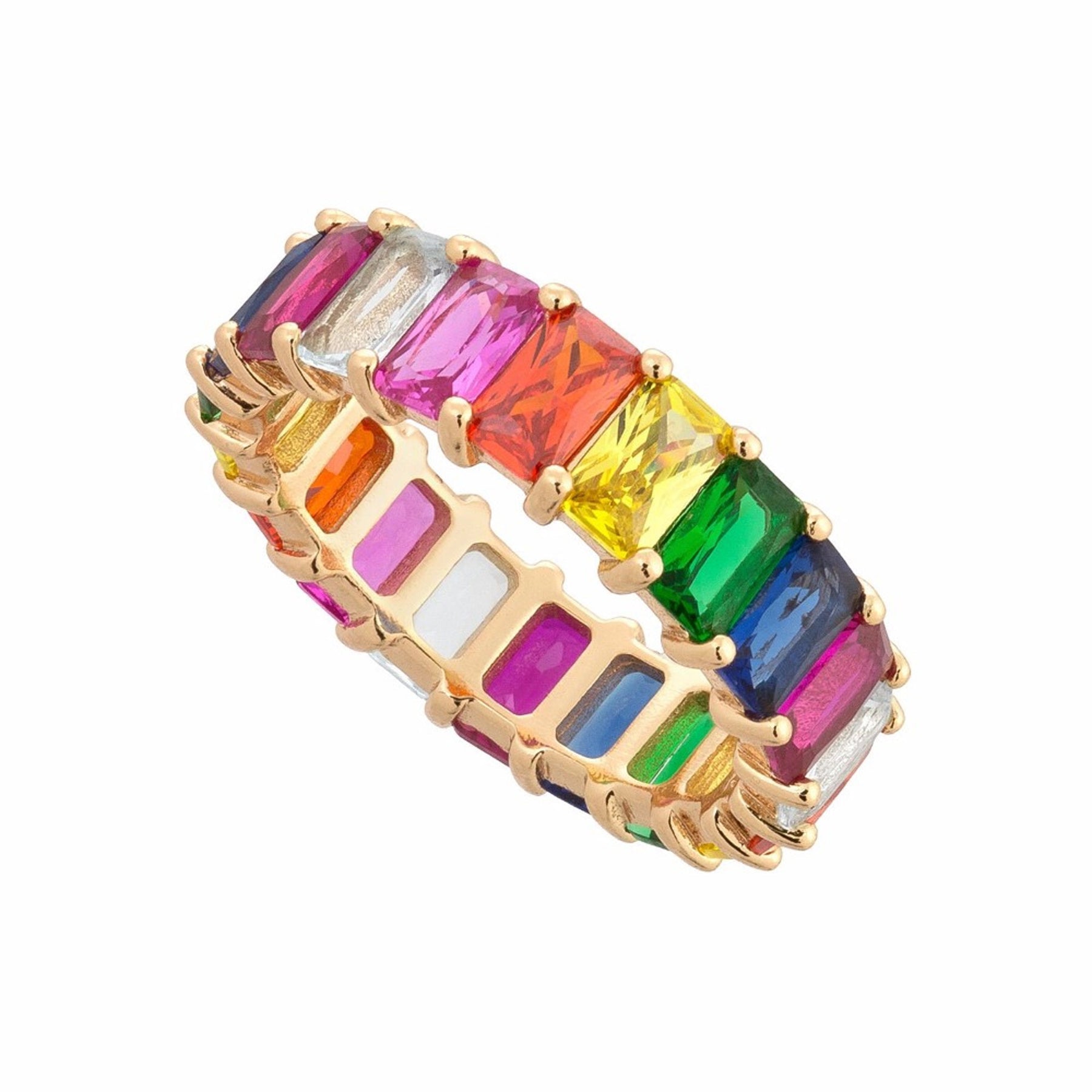 Sugar Rainbow Crystal Gemstone Rectangle Baguette Band Ring in Gold ...