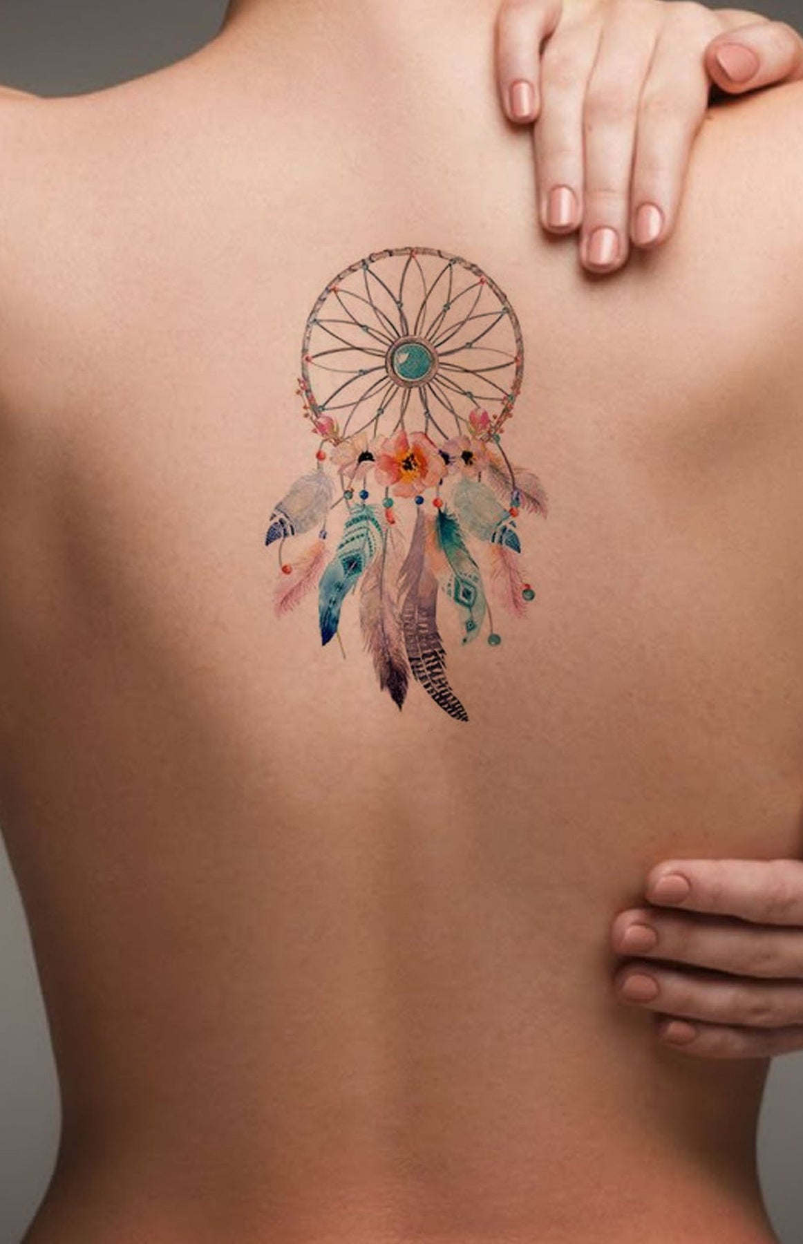 Purple Flowers And Dreamcatcher Tattoo On Girl Right Shoulder