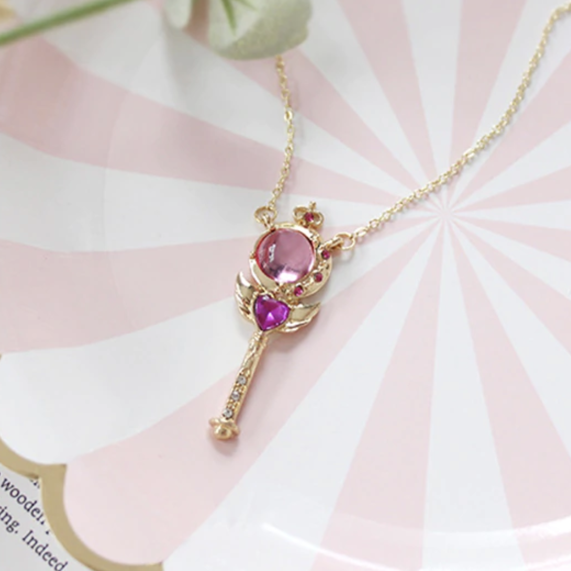 Crescent Moon Wand Cute Sailor Moon Inspired Pink Gold Pendant Necklac ...