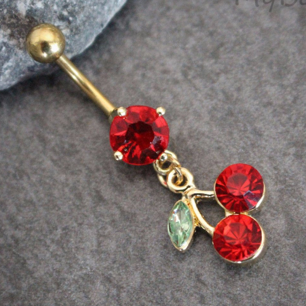 Beautiful belly button ring with red cherries and green leaves