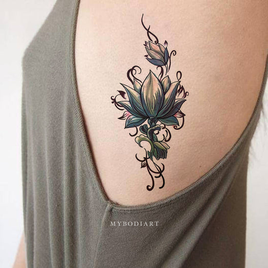 Alexi Black Watercolor Floral Lotus Flower Temporary Tattoo – MyBodiArt