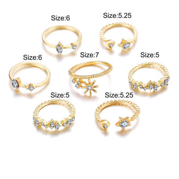 Gamma Cute Moon Star Flower Stackable Midi 7 Pieces Gold Rings Set ...