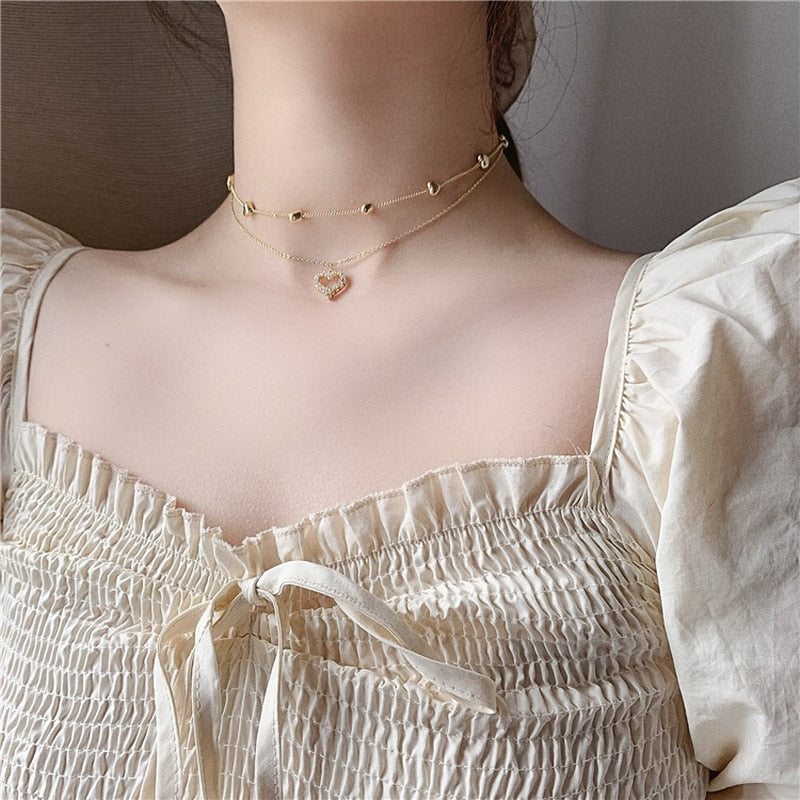 Elora Cute Double Layered Floating Crystal Heart Gold Chain Choker Nec ...