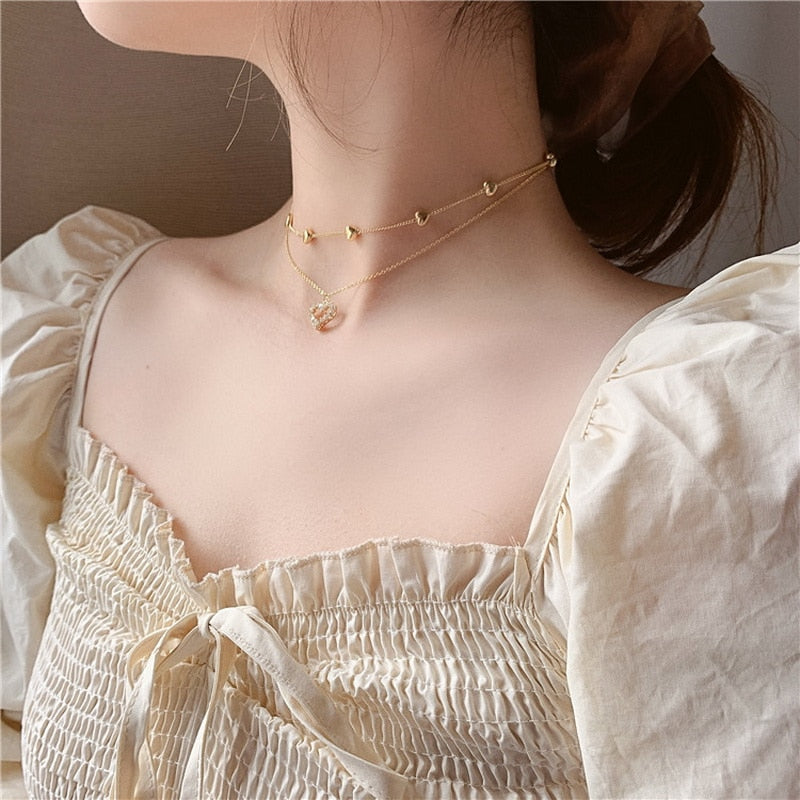 Elora Cute Double Layered Floating Crystal Heart Gold Chain Choker Nec ...