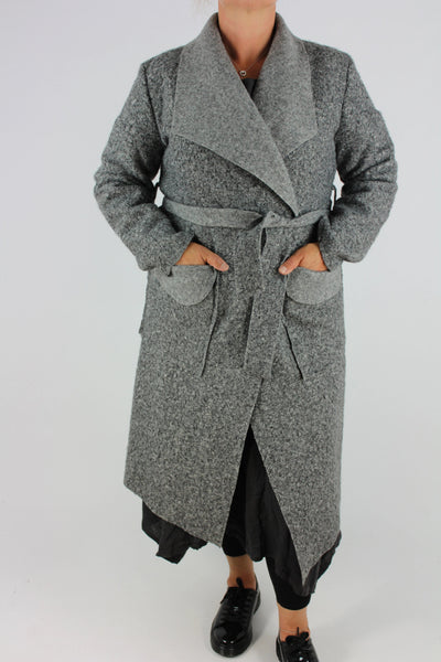 Boucle Coat Belt Pockets Size 12 14 16 In Grey