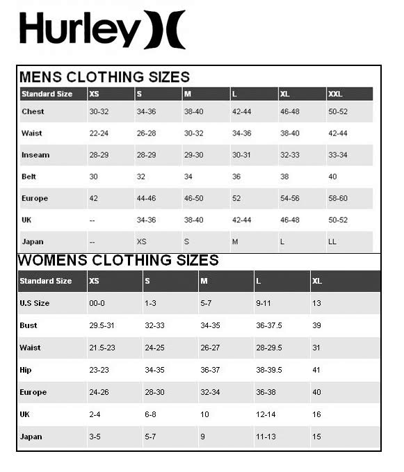 Hurley's Size Chart — Winnipeg Outfitters